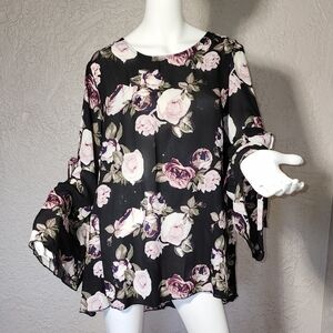 Black and Pink Bell Sleeve Boxy Blouse